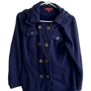 Merona Womens Blue Fleece Jacket Hooded Buttoned SZ L Front Pockets